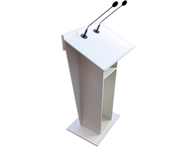 Wit katheder met microfoons huren, zij aanzicht